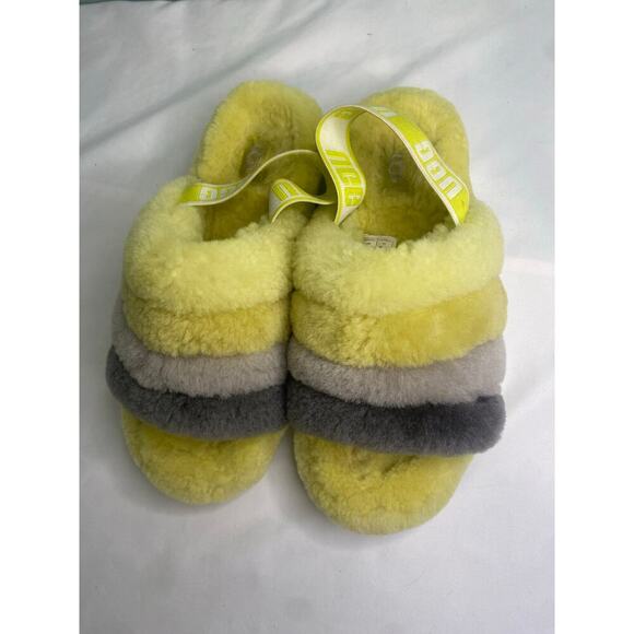 UGG Women's Fluff Yeah Sandal Size 7 Yellow Gray Furry Fuzzy Slipper Slide - Picture 3 of 12